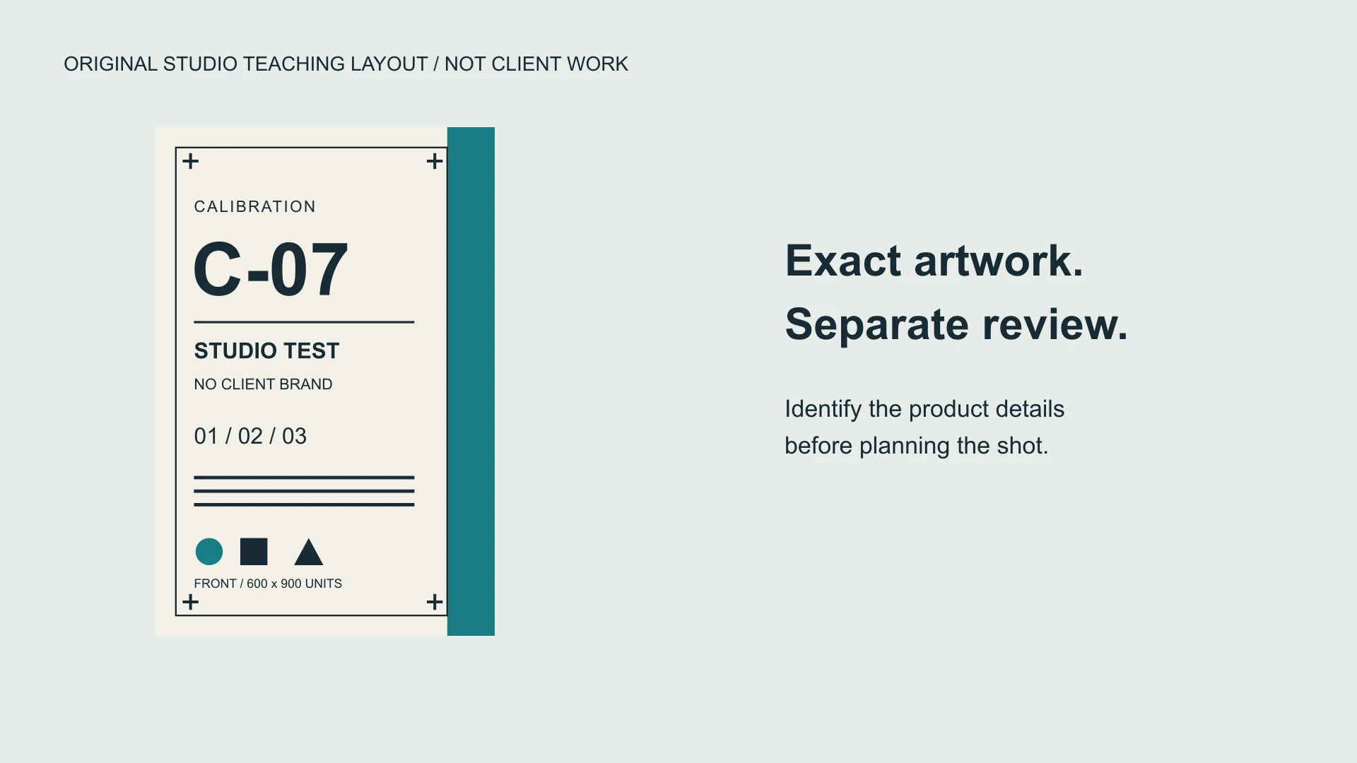 Wide layout with a complete calibration carton on the left and the headline Exact artwork. Separate review. on the right.